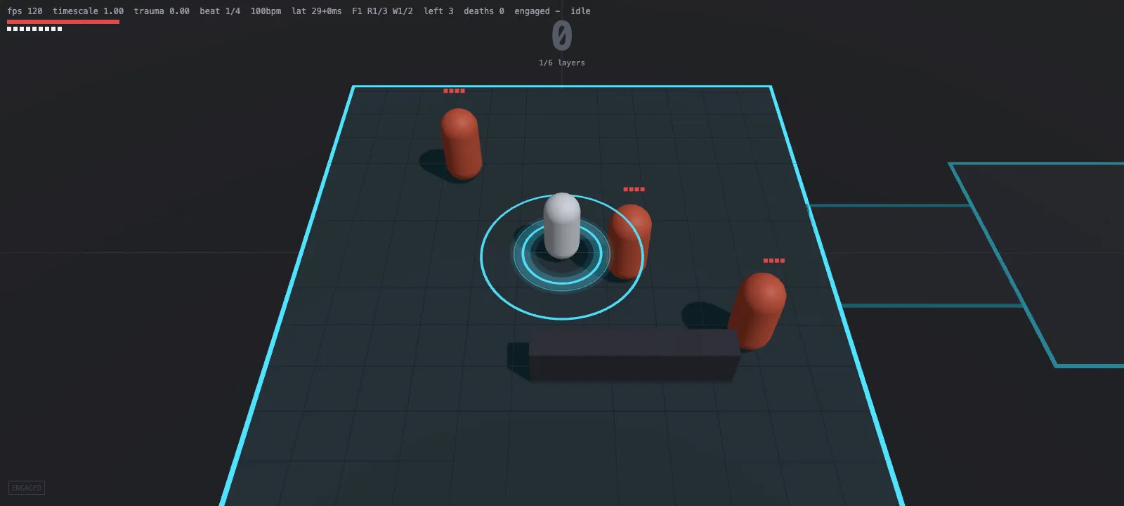 Fighting Feel with graphics off: a white capsule, the player, stands in a cyan beat ring on a dark grid floor with a low block for cover, and three red capsules close in, each with its health in red pips above it. Plain debug text runs across the top.
