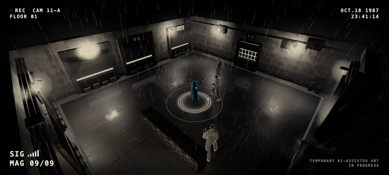 Fighting Feel in the CCTV look: a security camera looks down on a wet courtyard at night, where the player in a long coat stands in the beat ring with his pistol raised and three thugs close in. The corner text reads REC CAM 11-A, FLOOR 01, and TEMPORARY AI-ASSISTED ART IN PROGRESS.