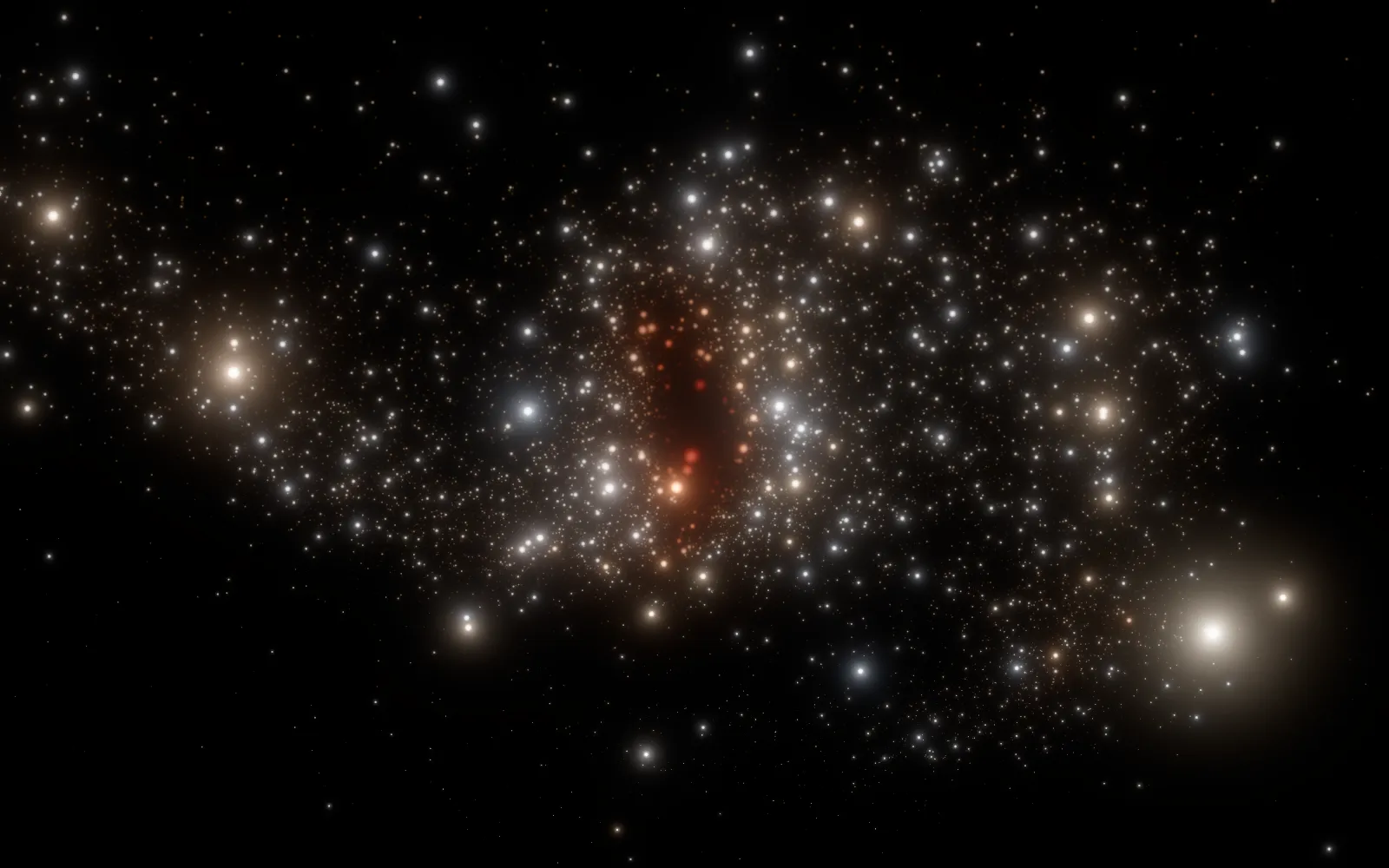 The galaxy simulation: a disc of blue and white stars seen at a tilt, with a warm red core.