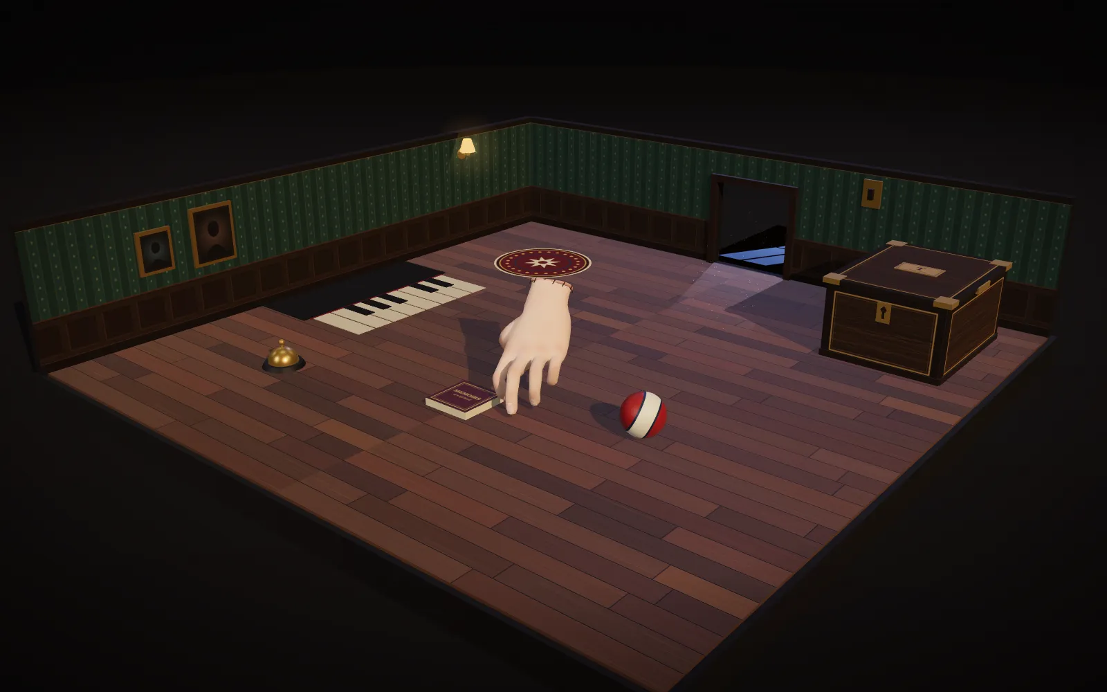 The hand walker: a hand on its fingertips, mid-step, on the wooden floor of a small papered room with a ball, a bell, a floor piano, and a box.