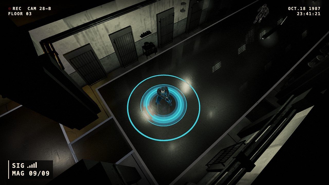 A top-down CCTV view of a tenement balcony hall with unit doors, the player inside the cyan beat ring.