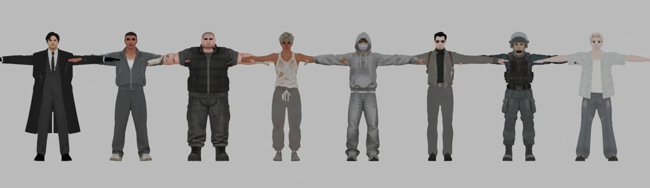 The eight generated characters in a T-pose line-up: the player in a long coat and seven enemy types.