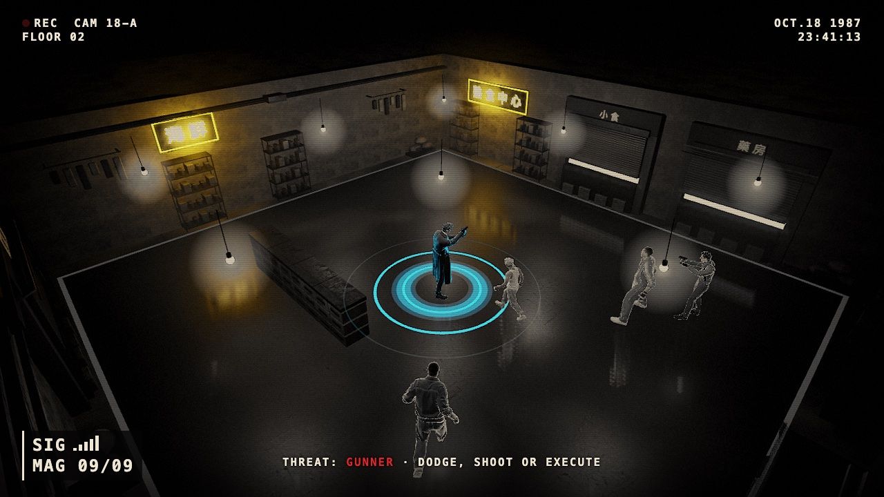 The game's wet market floor seen through a CCTV camera: the player in a long coat with a cyan beat ring under him, grunts approaching, OSD text in the corners reading REC CAM 18-A, FLOOR 02, and THREAT: GUNNER, DODGE, SHOOT OR EXECUTE.