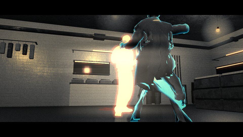 A kill-cam replay frame: a blown-out pale victim struck by the player in a corridor.
