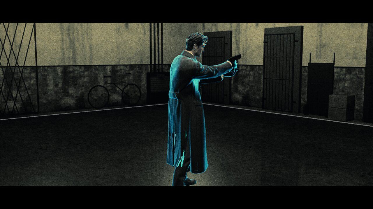 The lift lobby with grimy tiles, a bicycle and metal doors, the player aiming.