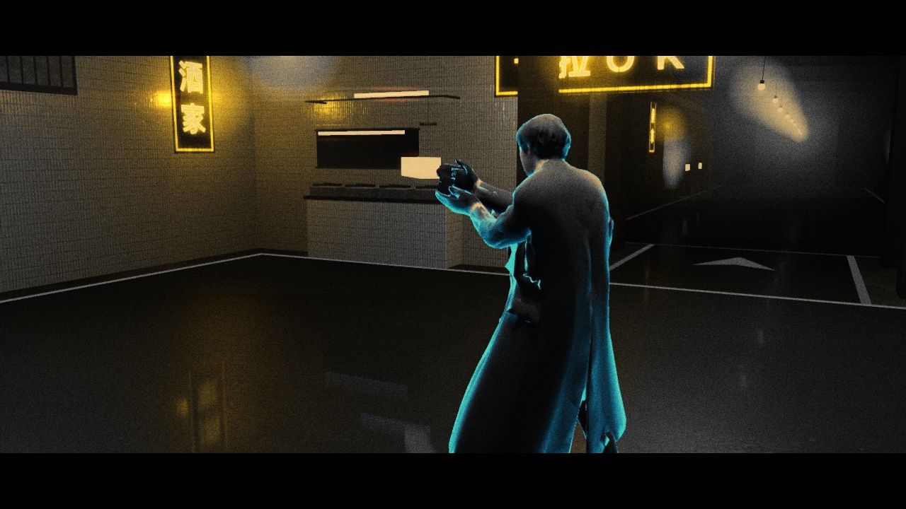 A film cut in the wet market: the player aims the pistol under yellow neon shop signs.