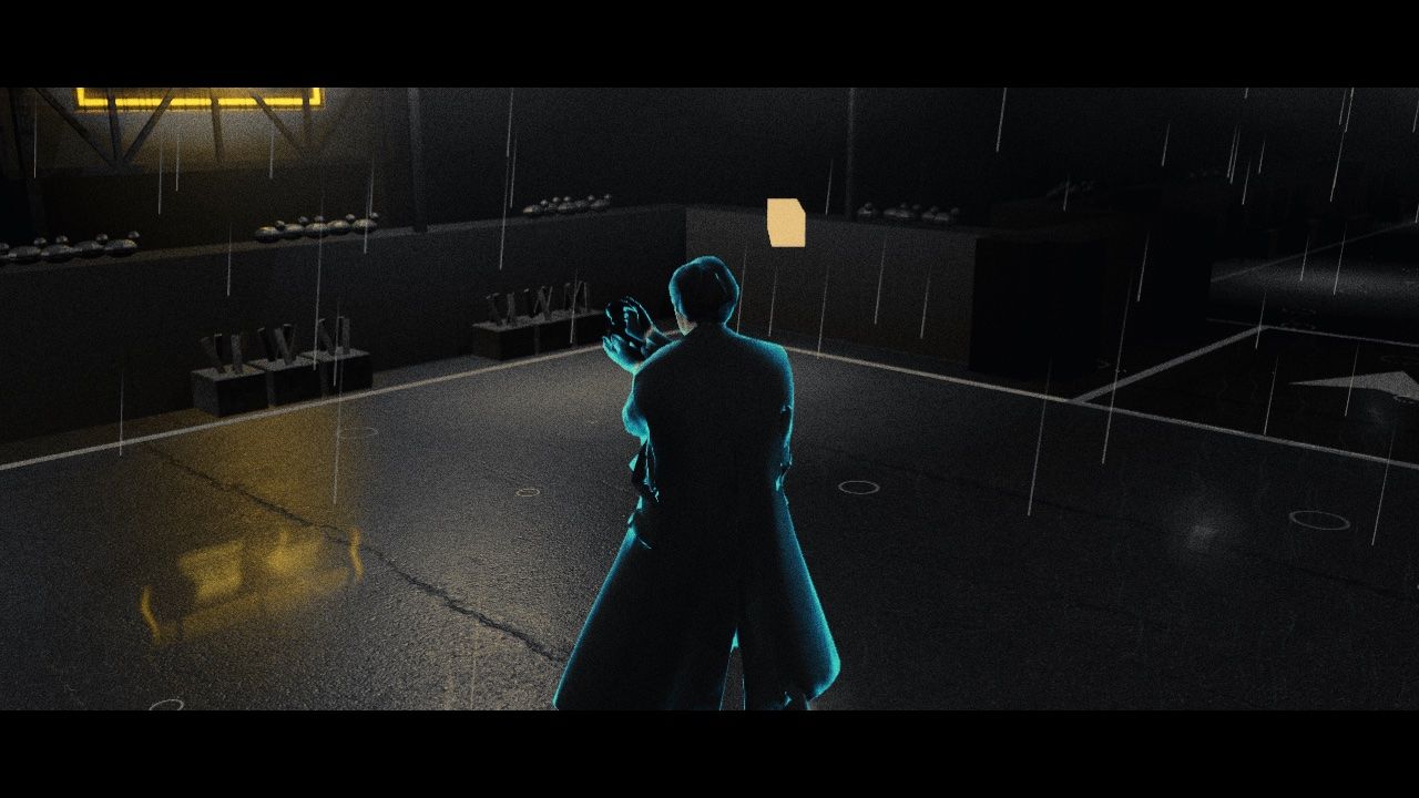 The rooftop at night in the rain, the player seen from behind among water tanks.