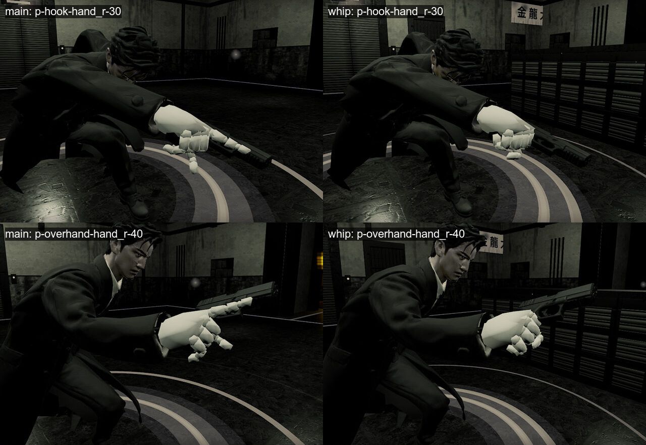 Two pairs of hit frames, main on the left with the fingers splayed off the pistol, the fix on the right with a closed fist on the grip.